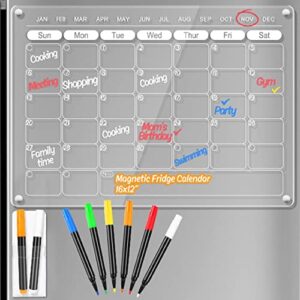 OORAII Magnetic Acrylic Calendar for Fridge Refrigerator Monthly Dry Erase Board w/ 8 Markers & Magnetic Pen Holder, Organic Glass Clear Planning Whiteboard Workout Board Meal Planner Magnetic 16x12''