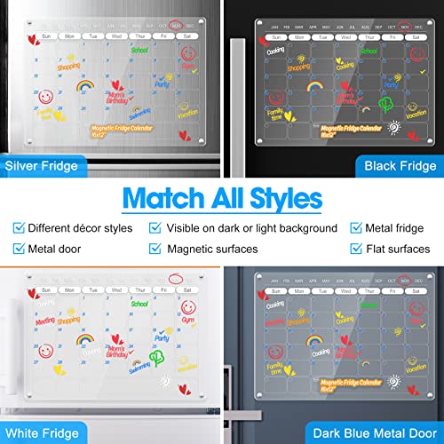 OORAII Magnetic Acrylic Calendar for Fridge Refrigerator Monthly Dry Erase Board w/ 8 Markers & Magnetic Pen Holder, Organic Glass Clear Planning Whiteboard Workout Board Meal Planner Magnetic 16x12''