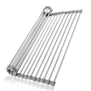 kibee dish drying rack, 304 stainless steel roll up over the sink drainer for cups fruits vegetables,gadget tool for many kitchen task(17.75 x 13.75 gray)