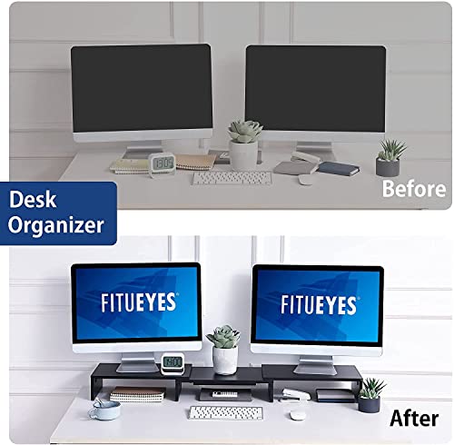 FITUEYES Dual Monitor Stand – 3 Shelf Computer Monitor Riser, Wood Desktop Stand with Adjustable Length and Angle, Desk Accessories, Office Supplies Medium Black,DT108001WB