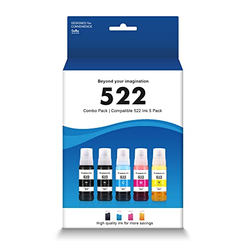 522 High Capacity (5 Bottles) Compatible Refill Ink Bottle Replacement for Epson 522 Ink Refill Bottles (Not Sublimation Ink) Use for EcoTank ET-2803 ET-2800 ET-2720 ET-4800 Printer