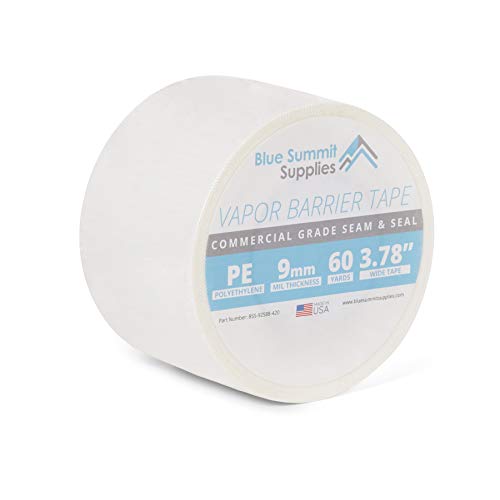 Blue Summit Supplies Vapor Barrier Tape, PE 9mm Polyethylene Tape Sealing Moisture Barrier Seam and Seal Tape for Crawl Space or Marine Use, Waterproof White 9 Mil Poly Tape, 3.78 Inch, 180 Foot Roll