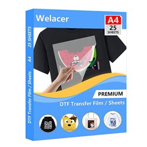 welacer dtf transfer film paper – a4(8.4″ x 11.7″) 25 sheets double-side matte clear pretreat sheets, pet heat transfer paper for epson inkjet printer direct print on t shirts textile