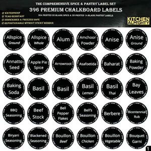 396 printed spice jars labels and pantry stickers: chalkboard round spices label 1.5″ & pantry sticker 3” x 1.5” with write-on labels – include a numbered reference sheet – waterproof & tear-resistant