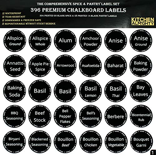 396 Printed Spice Jars Labels and Pantry Stickers: Chalkboard Round Spices Label 1.5" & Pantry Sticker 3” X 1.5” With Write-On Labels – Include a Numbered Reference Sheet – Waterproof & Tear-Resistant