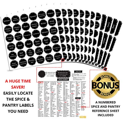 396 Printed Spice Jars Labels and Pantry Stickers: Chalkboard Round Spices Label 1.5" & Pantry Sticker 3” X 1.5” With Write-On Labels – Include a Numbered Reference Sheet – Waterproof & Tear-Resistant