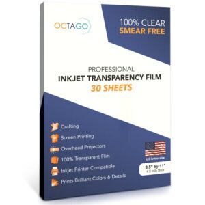octago inkjet transparency paper (100% clear) transparency sheets for inkjet printers, color inkjet transparency film, acetate sheets for crafts, premium print, clear paper (8.5×11 inches) – 30 sheets