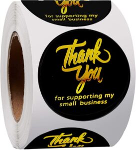 2 inch thank you stickers small business – 500 round labels with 4 designs – black stickers roll with gold font thank you – waterproof packaging for business boutiques retailers