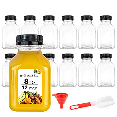 Juice Bottles with Caps for Juicing & Smoothies, Reusable Clear Empty Plastic Bottles with Caps, 8 Ounce Drink Containers for Mini Fridge, Juicer Shots, Small Water Bottles Bulk 8 oz (12 Pack)