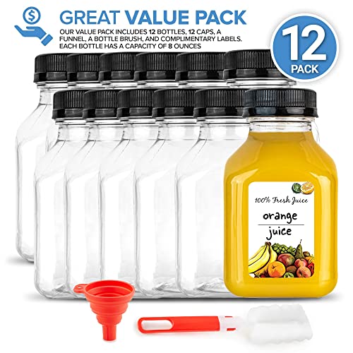 Juice Bottles with Caps for Juicing & Smoothies, Reusable Clear Empty Plastic Bottles with Caps, 8 Ounce Drink Containers for Mini Fridge, Juicer Shots, Small Water Bottles Bulk 8 oz (12 Pack)