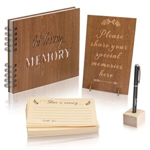 creawoo wooden funeral guest book for memorial service celebration of life decorations, hardcover in loving memory guestbook set with white pages, included share a memory cards, table sign, pen (8.5″)