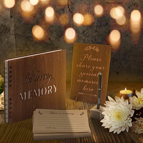 Creawoo Wooden Funeral Guest Book for Memorial Service Celebration of Life Decorations, Hardcover In Loving Memory Guestbook Set with White Pages, Included Share a Memory Cards, Table Sign, Pen (8.5")