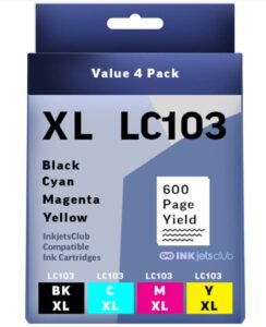 brother lc103 / 101 compatible high yield ink cartridge made by inkjetsclub replacement 4 pack value pack. includes 1 black, 1 cyan, 1 magenta and 1 yellow compatible ink cartridges