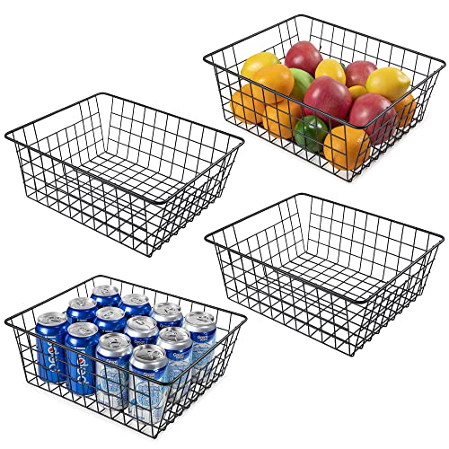 Wire Storage Baskets for Organizing, Vtopmart 4 Pack Metal Wire Freezer Organizer Bins with Handles, Large Pantry Baskets for Kitchen Cabinets, Bathroom, Laundry, Garage, Black