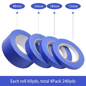 BOMEI PACK 4 Pack Blue Painters Tape, 1/2" 3/4" 1” 2” x 60yds, Multi Size Painting Masking Tape, Clean Release Paper Tape for Home and Office