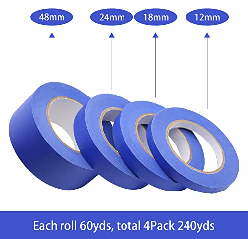 BOMEI PACK 4 Pack Blue Painters Tape, 1/2" 3/4" 1” 2” x 60yds, Multi Size Painting Masking Tape, Clean Release Paper Tape for Home and Office