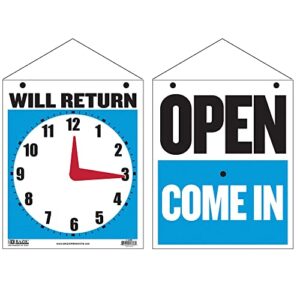 bazic open sign 7.5″x9″, clock will return will be back, double sides plastic vinyl signs, business store office bars retail salon shop, 1-pack