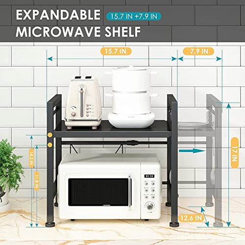 Microwave Oven Rack, Expandable Microwave Stand Countertop Kitchen Utensils Tableware Storage, Carbon Steel Over Microwave Shelf Countertop with 3 Hooks (2 Tier(17IN))