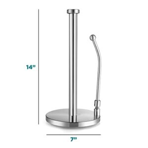 Stainless Steel Paper Towel Holder - Standing Paper Towel Dispenser with Adjustable Spring Arm & Weighted Base for Kitchen, Bathroom, Bedroom - Fits Standard, Large, Jumbo Size Paper Towel Roll Sagler