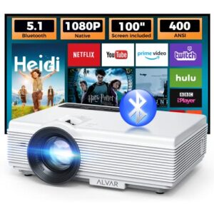 alvar native 1080p bluetooth projector w/ 100” screen, 4k supported, 10000 lux & 400 ansi portable outdoor movie projector w/ 60000 hrs led lamp life, compatible with tv stick, hdmi and usb