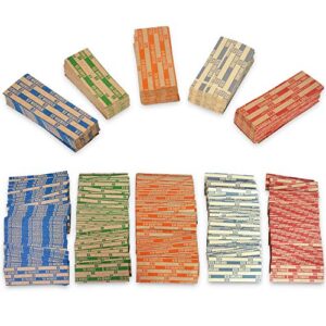 naturalabel 250 assorted flat coin wrappers, 50 each of quarters, dollars, dimes, nickels, pennies, coin striped kraft packing