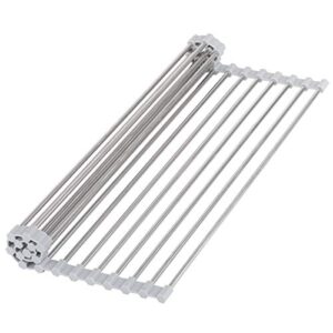 hhyn roll-up sink drying rack 17.7″(l) x 13.8″(w) – multipurpose heat resistant over the sink stainless steel & silicone dish drying rack rollable kitchen dish drainer, gray