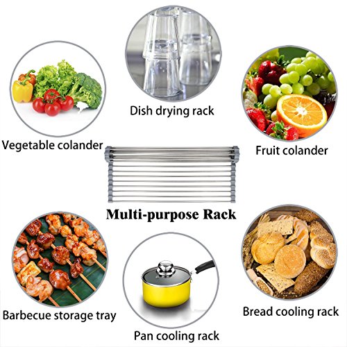 Hhyn Roll-Up Sink Drying Rack 17.7"(L) x 13.8"(W) - Multipurpose Heat Resistant Over The Sink Stainless Steel & Silicone Dish Drying Rack Rollable Kitchen Dish Drainer, Gray