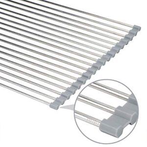 Hhyn Roll-Up Sink Drying Rack 17.7"(L) x 13.8"(W) - Multipurpose Heat Resistant Over The Sink Stainless Steel & Silicone Dish Drying Rack Rollable Kitchen Dish Drainer, Gray