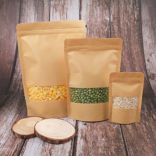 Moretoes 120pcs Kraft Bags with Window, Brown Resealable Bags, 5.9×8.6 Inches Stand Up Pouches, Coffee Bags, Sealable Bags for Packaging, Ziplock Stand Up Bags for Home or Business