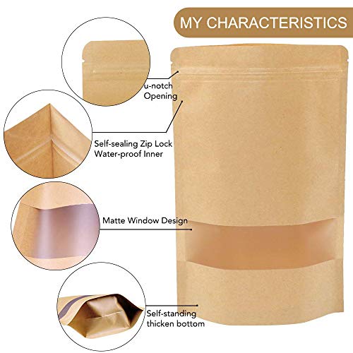 Moretoes 120pcs Kraft Bags with Window, Brown Resealable Bags, 5.9×8.6 Inches Stand Up Pouches, Coffee Bags, Sealable Bags for Packaging, Ziplock Stand Up Bags for Home or Business