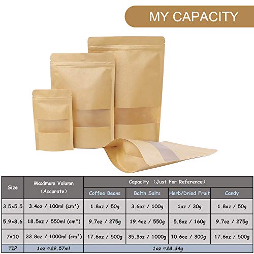 Moretoes 120pcs Kraft Bags with Window, Brown Resealable Bags, 5.9×8.6 Inches Stand Up Pouches, Coffee Bags, Sealable Bags for Packaging, Ziplock Stand Up Bags for Home or Business