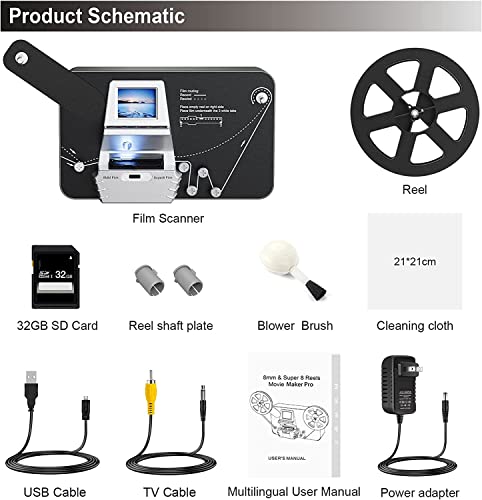 8mm & Super 8 Reels to Digital MovieMaker Pro Film Digitizer,Film Scanner,Converts Frame by MP4 Files, with 2.4'' Screen, Viewing Saving on SD Card(Included) for 3”5”7”9” Reels