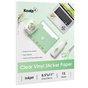 koala clear sticker paper for inkjet printer – waterproof clear printable vinyl sticker paper – 8.5×11 inch 15 sheets transparent glossy sticker paper for diy personalized stickers, labels, decals