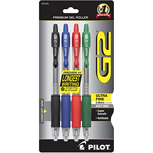 PILOT G2 Premium Refillable & Retractable Rolling Ball Gel Pens, Ultra Fine Point, Black/Blue/Red/Green Inks, 4-Pack (31276)