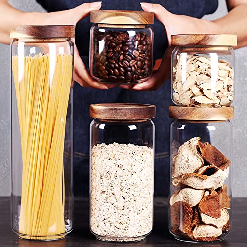 SAIOOL Set of 5 Kitchen Canisters,Thick, Stackable, Natural Style,Cookie, Rice and Spice Jars - Sugar or Flour Container - Big and Small Airtight Food Jar for Pantry