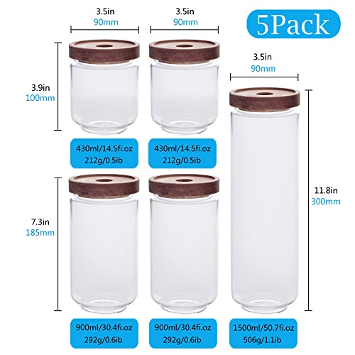 SAIOOL Set of 5 Kitchen Canisters,Thick, Stackable, Natural Style,Cookie, Rice and Spice Jars - Sugar or Flour Container - Big and Small Airtight Food Jar for Pantry