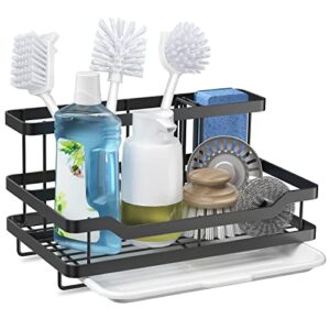 sponge holder kitchen sink caddy organizer, large stainless steel sink tray drainer rack, countertop soap dish dispenser brush holde with removable drain tray – not including dispenser, sponge, brush