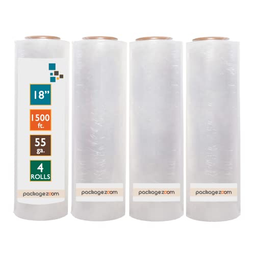 PackageZoom 4 Rolls 18" x 1500 Ft Stretch Wrap Heavy Duty, Industrial Strength Shrink Wrap, 55 Gauge High Performance Stretch Film Replaces 80 Gauge Low Films, Clear Hand Stretch Wrap