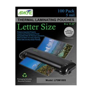 apache laminating pouches 5 mil, for 8.5 x 11 inch letter size paper 9 x 11.5 inch sheets, 100 pack
