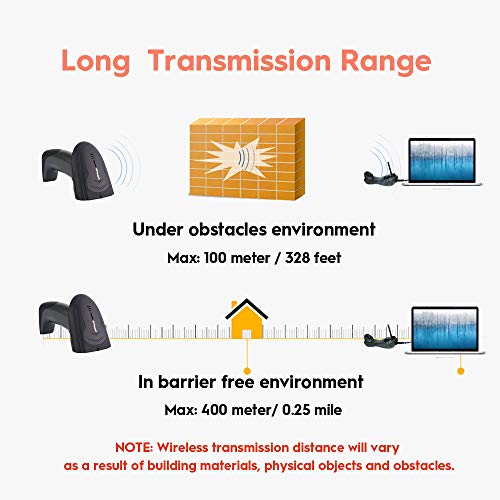 NADAMOO Wireless Barcode Scanner with USB Cradle Charging Base 328Ft Long Transmission Handheld 1D Cordless Laser Barcode Reader Portable Bar Code Scanning for Retail Supermaket Warehouse