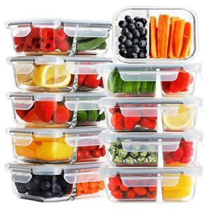 bayco 10 pack glass meal prep containers 2 compartment, glass food storage containers with lids, airtight glass lunch bento boxes, bpa-free & leak proof (10 lids & 10 containers) – grey