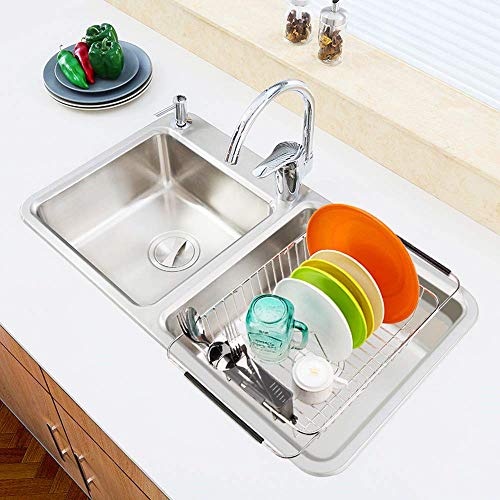 SANNO Dish Drying Rack with Stainless Steel Utensil Holder Large Dish Rack Drainer Drain Expandable Dish Rack Shelf Dish Rack in Sink or Over Sink or On Counter Rustproof Stainless Steel