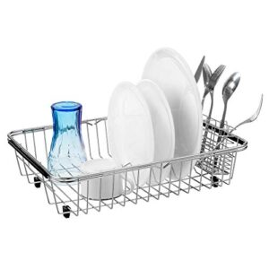 SANNO Dish Drying Rack with Stainless Steel Utensil Holder Large Dish Rack Drainer Drain Expandable Dish Rack Shelf Dish Rack in Sink or Over Sink or On Counter Rustproof Stainless Steel