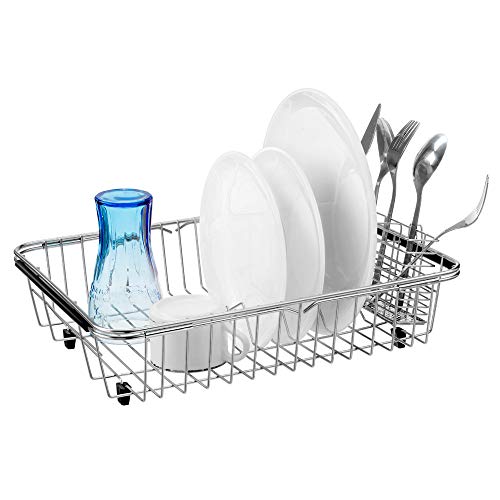 SANNO Dish Drying Rack with Stainless Steel Utensil Holder Large Dish Rack Drainer Drain Expandable Dish Rack Shelf Dish Rack in Sink or Over Sink or On Counter Rustproof Stainless Steel