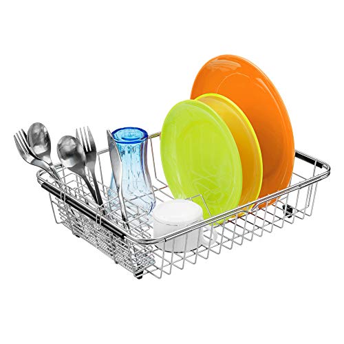 SANNO Dish Drying Rack with Stainless Steel Utensil Holder Large Dish Rack Drainer Drain Expandable Dish Rack Shelf Dish Rack in Sink or Over Sink or On Counter Rustproof Stainless Steel