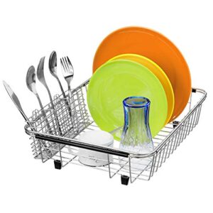 SANNO Dish Drying Rack with Stainless Steel Utensil Holder Large Dish Rack Drainer Drain Expandable Dish Rack Shelf Dish Rack in Sink or Over Sink or On Counter Rustproof Stainless Steel