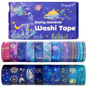 24 rolls washi tape set – gold foil galaxy decorative masking tape constellation, stars, celestial, adhesive tape for bullet journal, diy craft, scrapbooking supplies, gift wrapping, party decoration