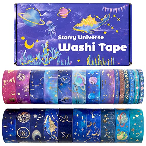 24 Rolls Washi Tape Set - Gold Foil Galaxy Decorative Masking Tape Constellation, Stars, Celestial, Adhesive Tape for Bullet Journal, Diy Craft, Scrapbooking Supplies, Gift Wrapping, Party decoration