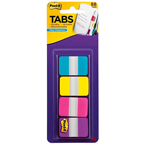 Post-it Tabs, 1 in Solid, Aqua, Yellow, Pink, Violet, 22/Color, 88/Dispenser (686-AYPV1IN)