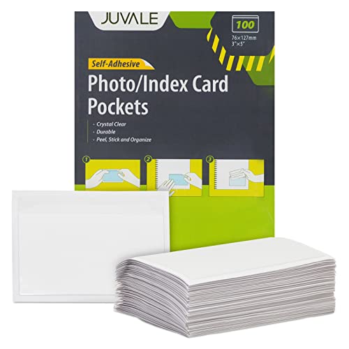 Juvale 100 Pack Plastic Label Holders for 3x5 Index Cards, Clear Self-Adhesive Pockets for Office Supplies